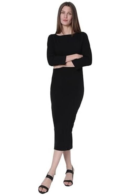 Women’s Polyester Blend Bodycon Midi Dress – Black