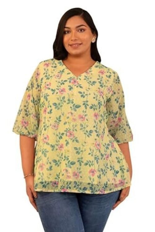 Janasya Women’s Plus Size White Dobby Georgette Floral Panelled Top