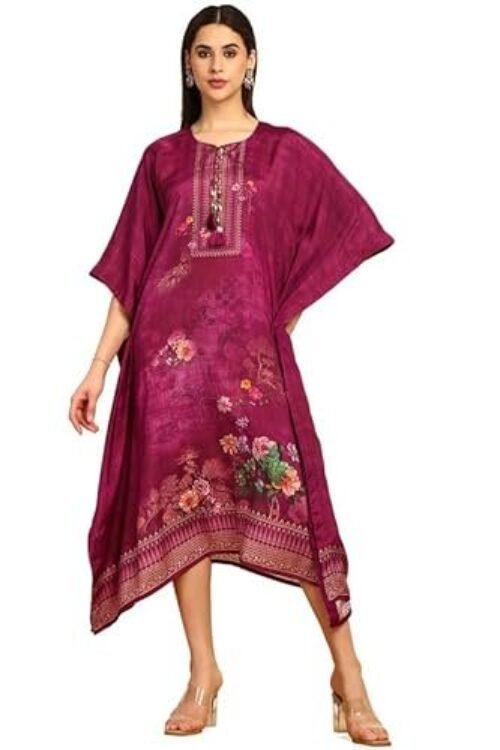 Soch Womens Wine Floral Printed Muslin Kaftan with Tassels