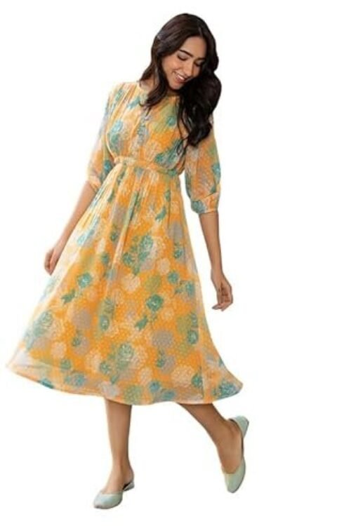 Janasya Women’s Dobby Georgette Floral Flared Midi Dress