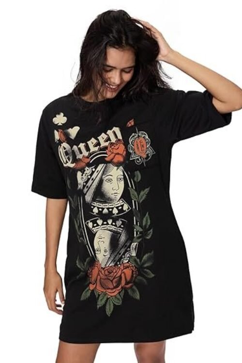 The Souled Store Queen Women and Girls Short Sleeves Round Neck Black Graphic Printed Cotton Mini Oversized T-Shirt Dresses