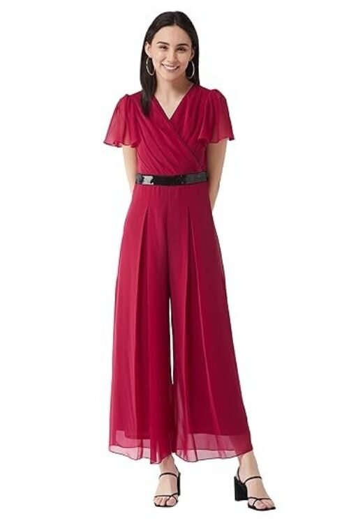 Miss Chase Women’s Solid Relaxed Fit Short Sleeve V-Neck Jumpsuit with Pockets