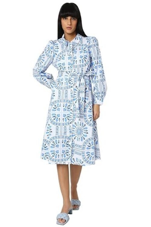 Women’s Cotton Shirt Midi Dress – Printed Blue