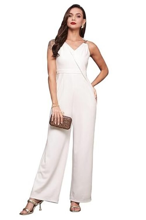 Miss Chase Women’s Wine V-Neck Sleeveless Solid Wrap Regular Jumpsuit