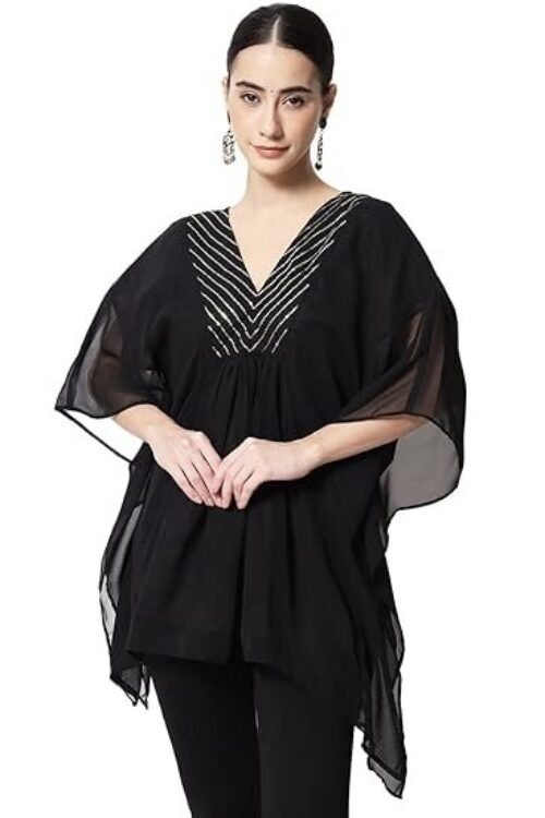 studio rasa Women’s Georgette Sequin Embroidered Yoke Kaftan for Festive Wedding Party