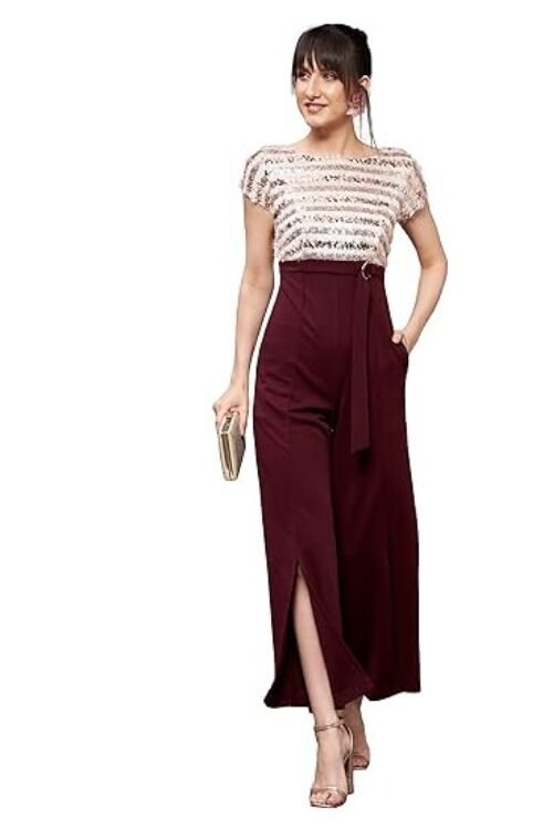 Miss Chase Women’s Round Neck Short Sleeve Embellished Front Slit Fringed Regular Jumpsuit with Pockets