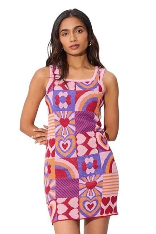 The Souled Store Jacquard Knit Dress: Heart Maze Women and Girls Sleeveless Round Neck Pink All Over Printed Floral Bodycon Mini Dresses