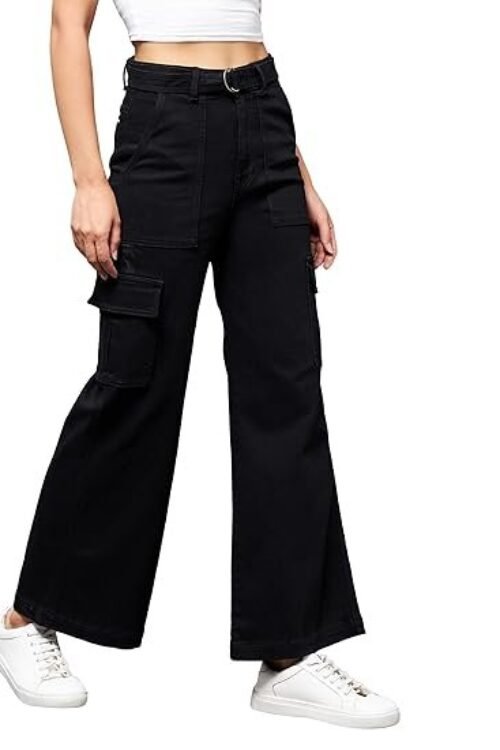 Miss Chase Women’s Black Wide Leg High Rise Clean Look Regular Stretchable Denim Jeans