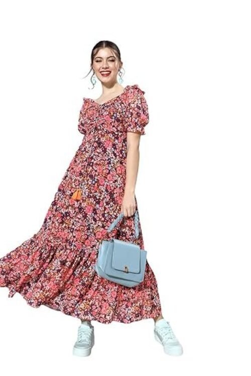 Miss Chase Women’s V-Neck Puff Sleeve Floral Ruching Ankle Length Dress with Pockets (Plus