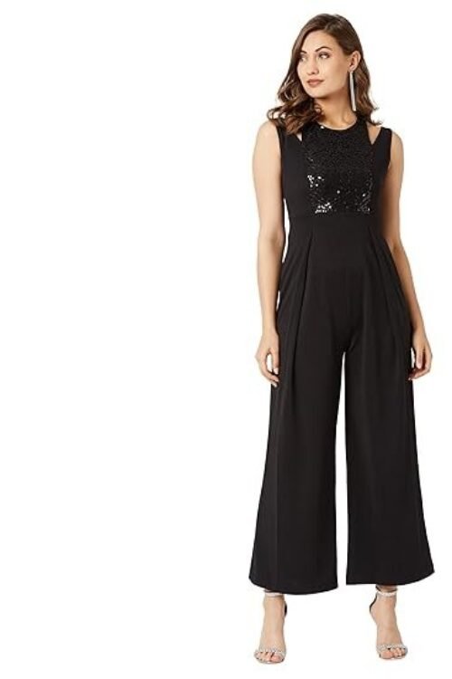 Miss Chase Women’s Halter Neck Sleeveless Solid Wide Leg Sequin Paneled Regular Length Jumpsuit