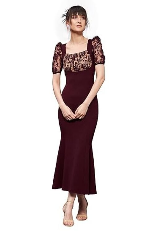 Miss Chase Women’s Square Puff Sleeve Solid Lace Overlaid Ankle Length Dress (Plus