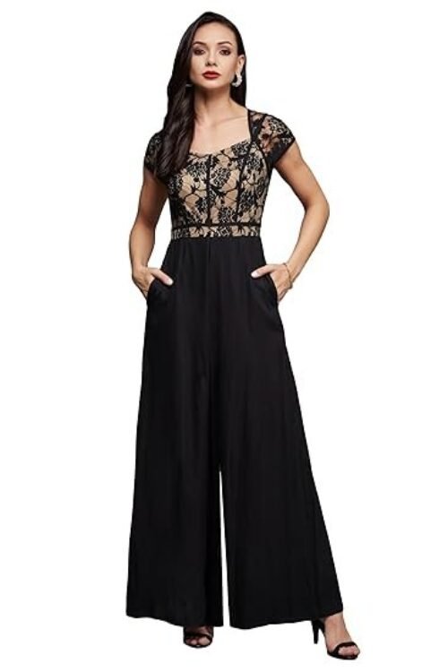 Miss Chase Women’s Sweetheart Neck Raglan Sleeve Floral Lace Overlaid Viscose-Rayon Regular Length Jumpsuit