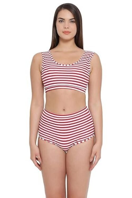 Clovia Women’s Striped Padded Tank Top with High Waist Bottom Swimsuit