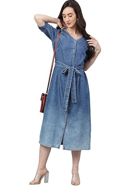 Janasya Women’s Blue Denim Tie-Up Midi Dress