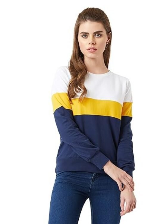 Miss Chase Women’s Multicolor Super Soft Regular Round Neck Full Sleeves Cotton Solid Color Block Paneled Boxy Sweatshirt