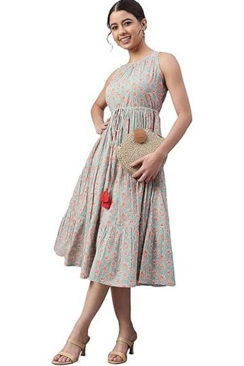 Janasya Women’s Mint Green Cotton Floral Block Print Tiered Midi Dress