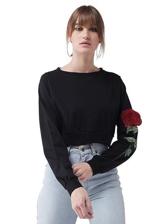 Miss Chase Women’s Black Round Neck Full Sleeves Solid Cotton Embroidered Floral Patchwork Boxy Crop Top