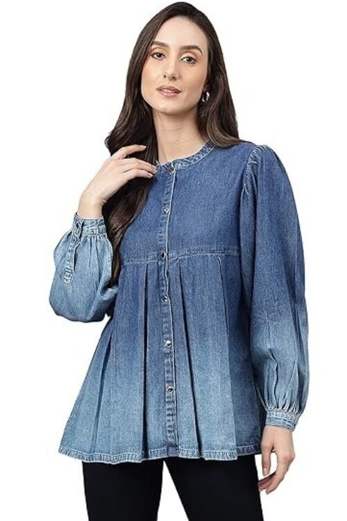 Janasya Women’s Blue Denim Faded Flared Top