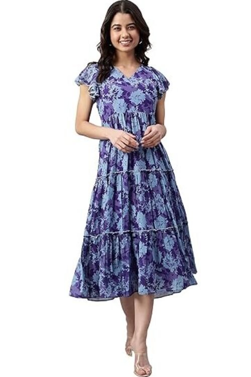 Janasya Women’s Georgette Printed Flared Midi Western Dress