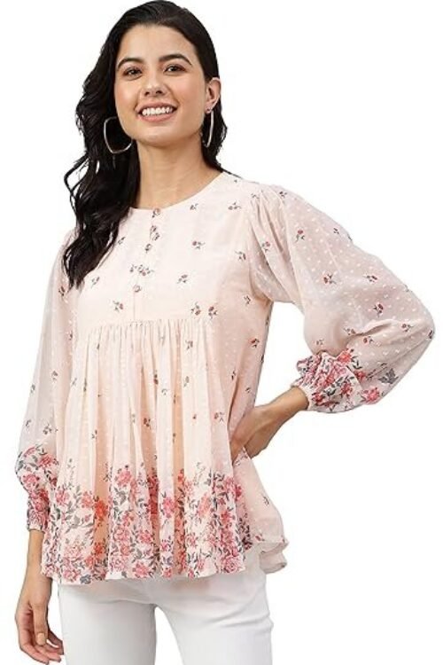 Janasya Women’s Peach Georgette Floral Print Flared Top